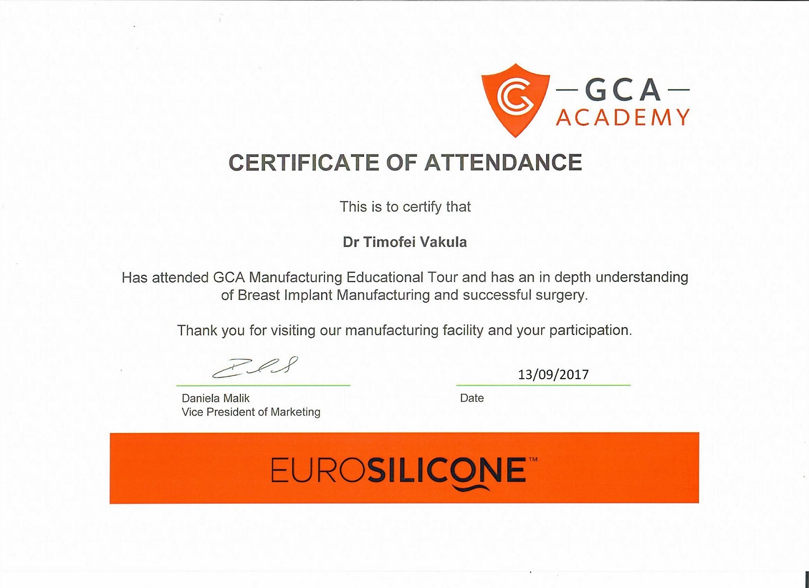 Сертификат от GCA Academy, 2017 год